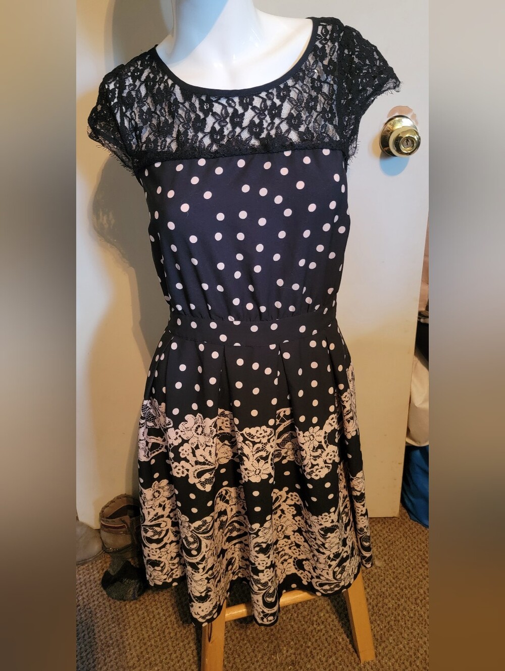 Dorothy Perkins Black and Blush Polka Dot Lace Fit-and-Flare Dress